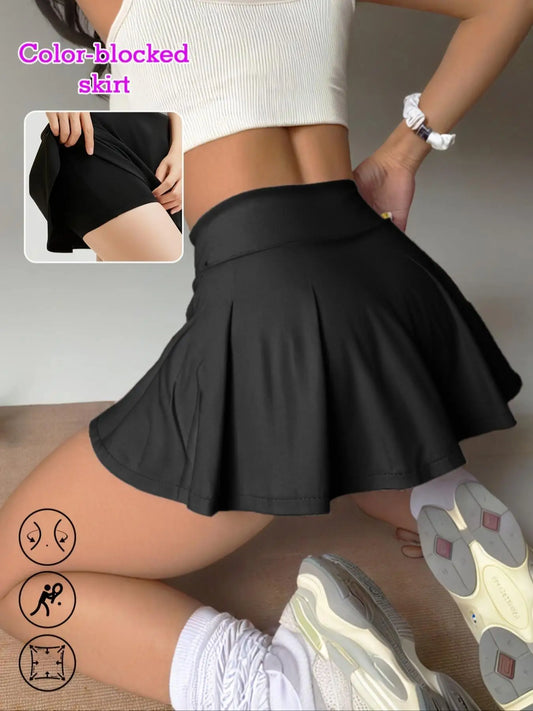 Women's High Waist Sporty Colorblock Skirt Shorts Set, Slim-Fit Tennis Golf Fitness Multifunctional, All Season Wear