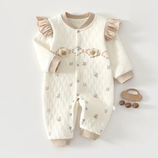 0-2Y Newborn Girl Boy Spring Bodysuit 2026 Baby Cotton Quilted Seamless Romper Autumn Warm Printed Soft Skin-Friendly Sleepwear