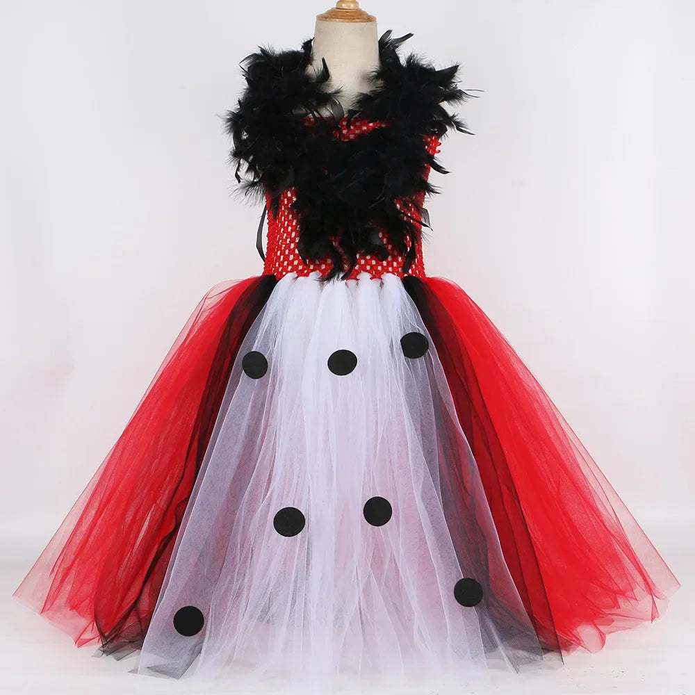 Halloween Crulla Cosplay Costume Cruella Tulle Dress Party Girls Black White Carnival Kids Cruella Wig Lace Mask Suit Clothes