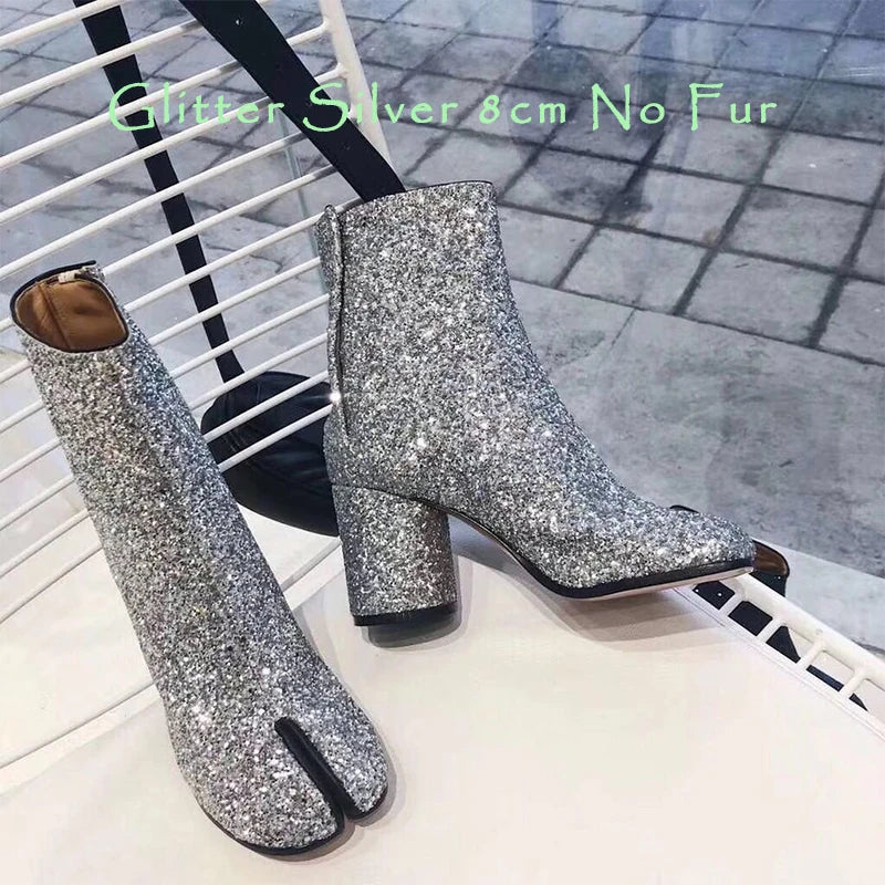 Split Toe Chunky Heels Ankle Boots Women Brand Designer Tabi Short Boots Autumn Winter INS Style Genuine Leather Female Shoes