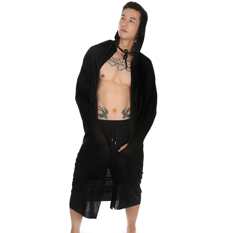 Sexy Halloween Costumes Woman Men Cosplay Hooded Cape Sheer Transparent Stand Collar Erotic Sex Costumes Stage Show Costumes