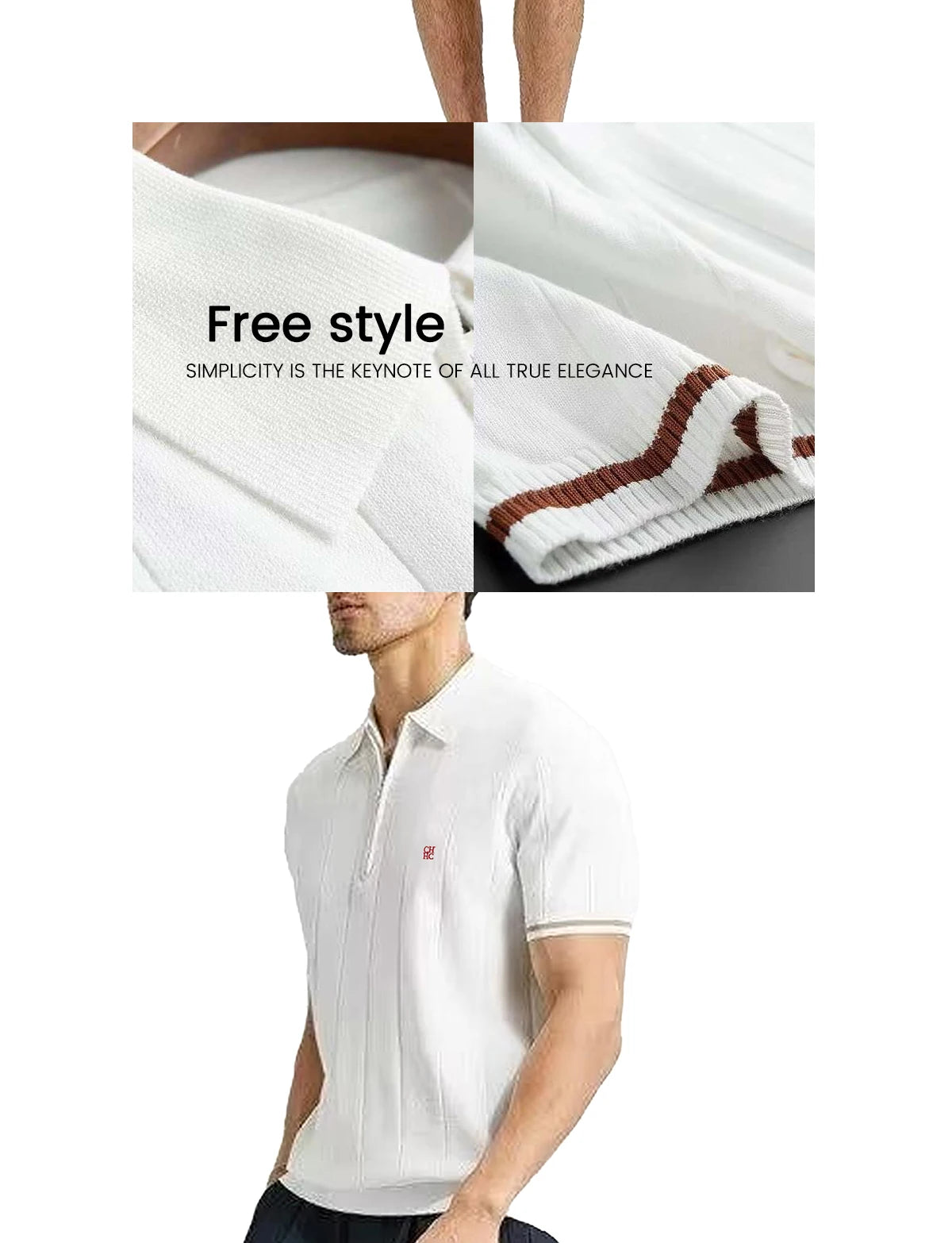 CH Luxury Men Turn Down Collar Knit Polo Half Zipper Vertical Texture Red Logo Embroidery Summer Male Business Gentleman Tee