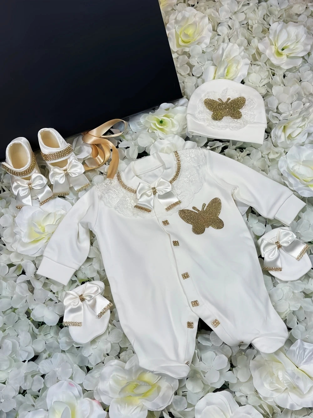 Dollbling Baptism Outfit Boy Prince Luxury Bling Christening Coming Home Romper Bonnet Set Mittens Nursery Hospital Clothing set