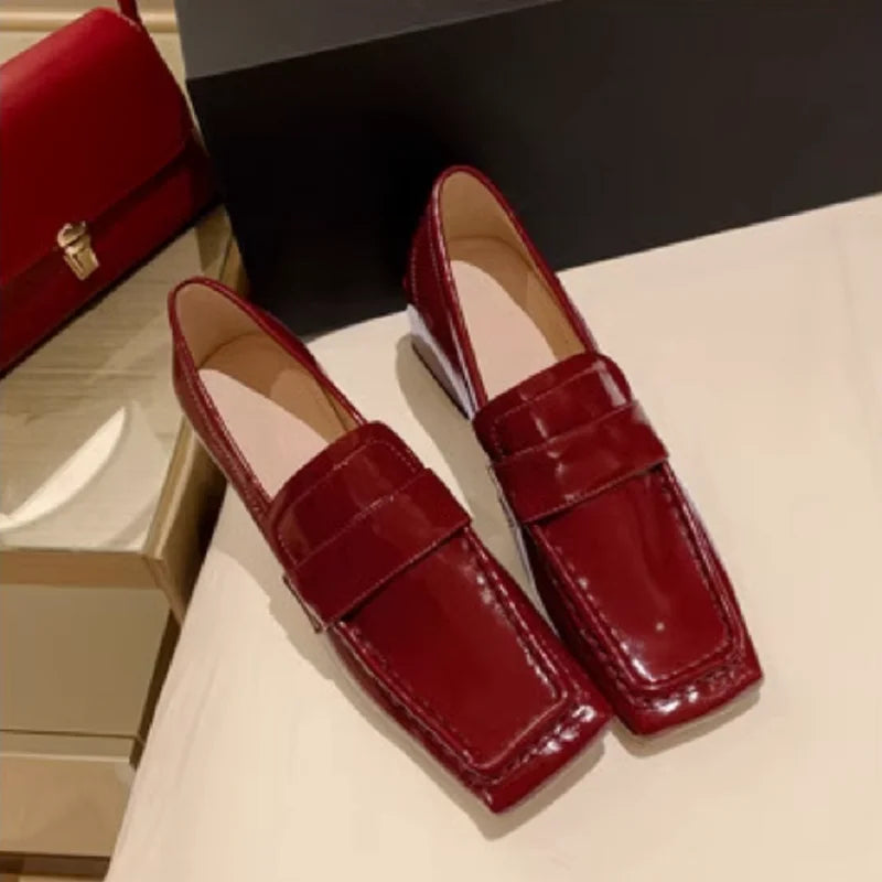 Womens Red Shoes Spring Autumn Basic Pumps Block Heel Dress Loafers French Slip On Square Toe Cow Leather Dress Footwear Size 43