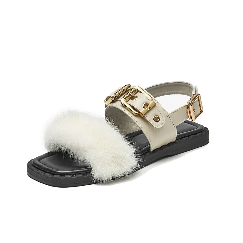 BeauToday Flat Sandals Women Cow Leather Square Toe Mink design Buckle Strap Elegant Female Furry Shoes Handmade 32372