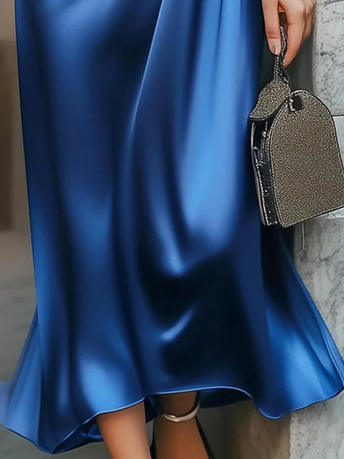 Fashion V Neck Short Sleeved Solid Color Dress Satin Women's Dress Elegant Form Fitting High-waisted Pleated Female Office Dress