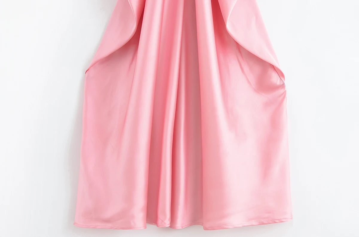 KONDALA Elegant Pleated Satin Dress Women Side Fold Pleated Suspender Long Dress 2025 Summer High Street Dating Lady Dress
