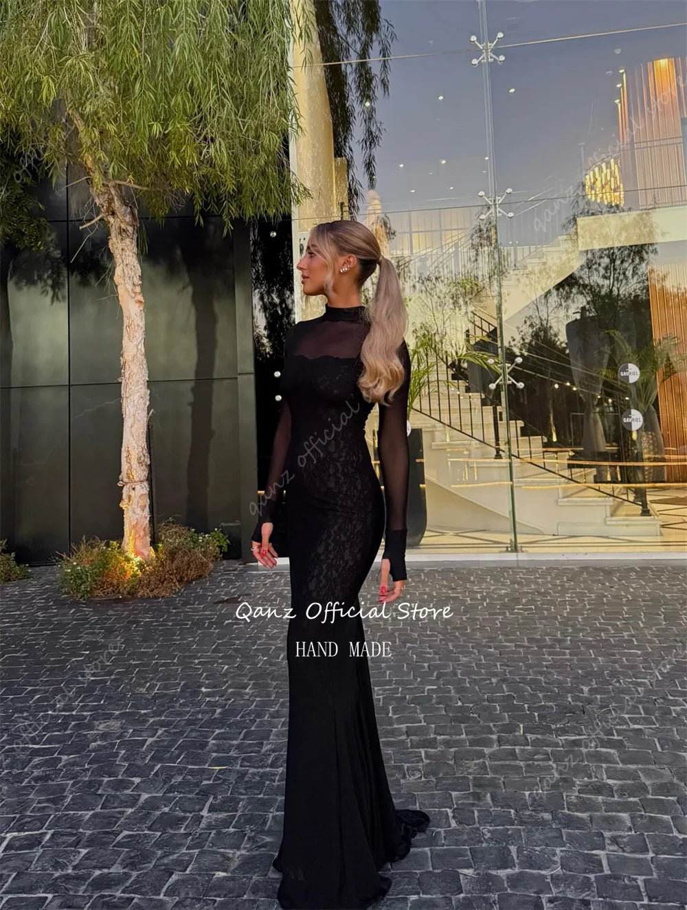 Qanz Modest Black Lace Evening Dresses Sheer Long Sleeves Prom Dress Mermaid Elegant Dresses For Special Event  Customized