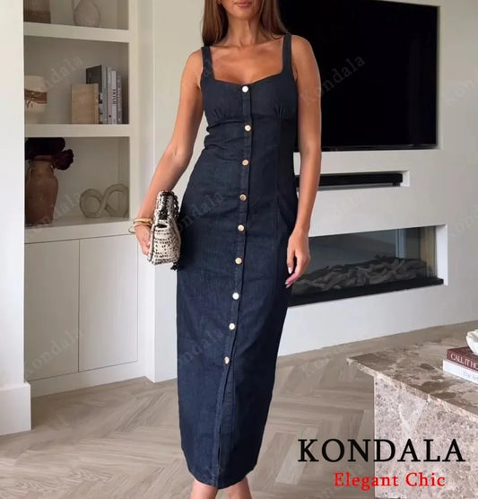 KONDALA Elegant Denim Suspender Dress Women's Single Breasted Hip Wrap Slim Dress 2025 Spring Summer Casual Versatile Lady Dress