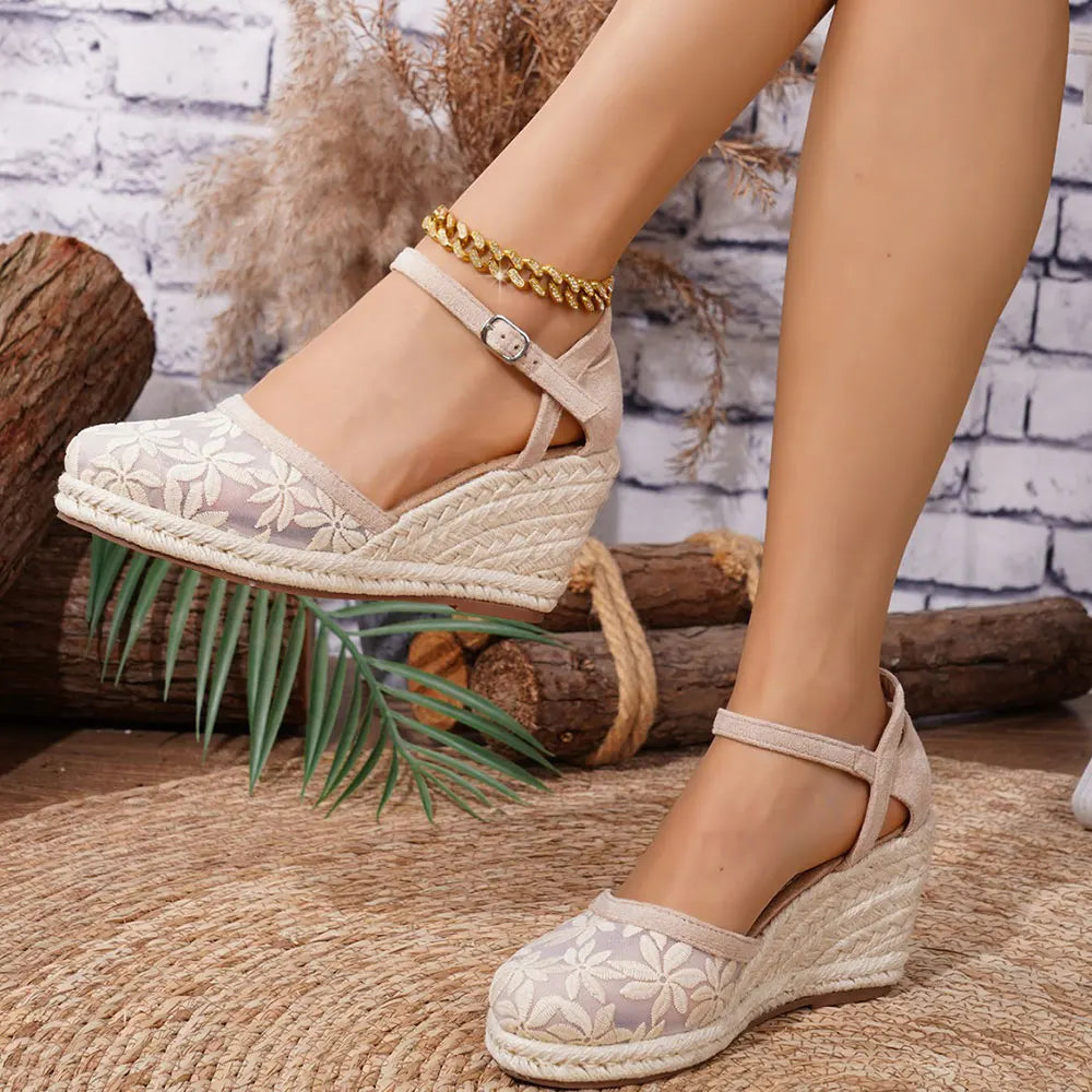 2025 Comfy Walk Big Size 43 Summer Lace Espadrilles Sandals Women Ankle Strap Platform Sandals High Heels Wedges Shoes Woman