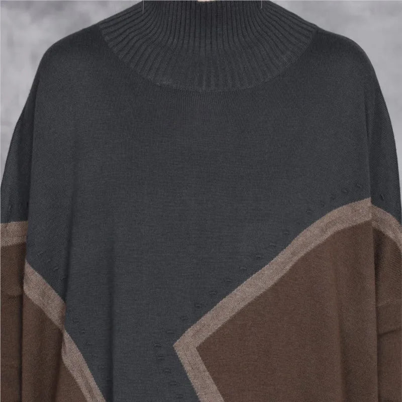 Johnature 2025 Woman Autumn New Fashion Mock Neck Loose Long Sleeves Dress Chinese Style Contrast Batwing Sleeve Casual Dress