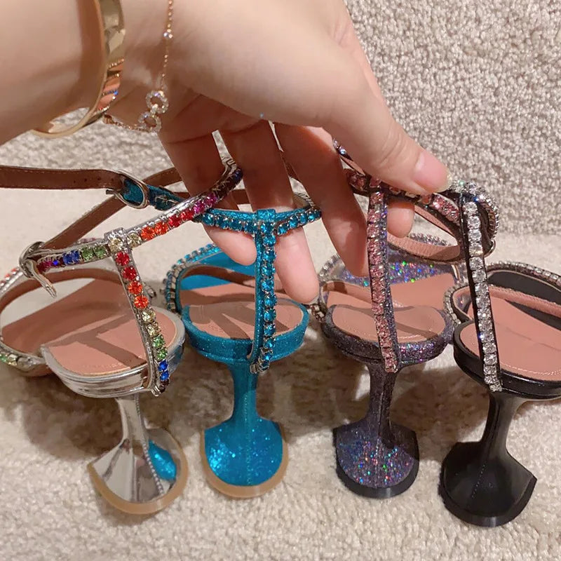 2023 New High Heels Square Toe Wine Glass with A Word with Large Size Sexy Rhinestone Sandals Women