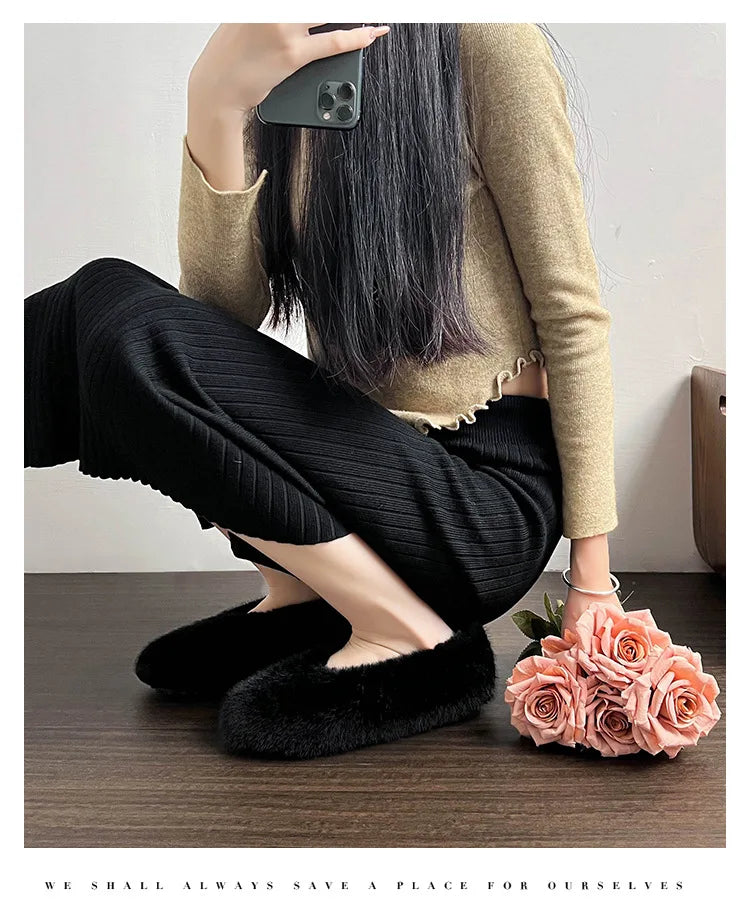Women's Shoes 2025 New Style Warm Mink Wool Fleece Soft-soled Bean Shoes, Plus-size Women's Shoes43 Mom Shoes Luxury Shoes Women