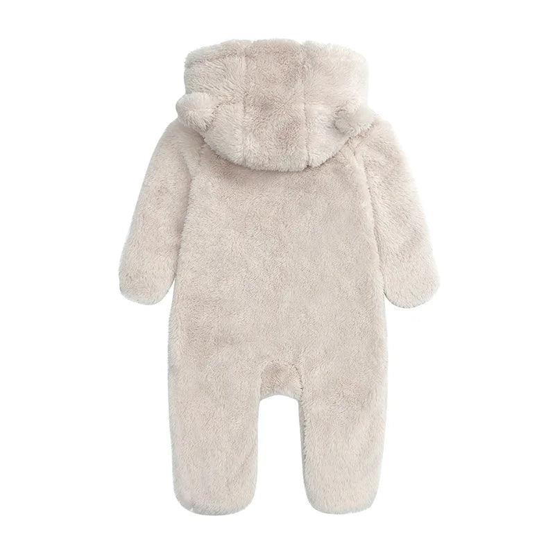 2025 Warm Footed Baby Romper Zipper Closure Fall Newborn Bear Ear Hooded Fuzzy Onesie Outfit Infant Boys Girls 100 Days Jumpsuit