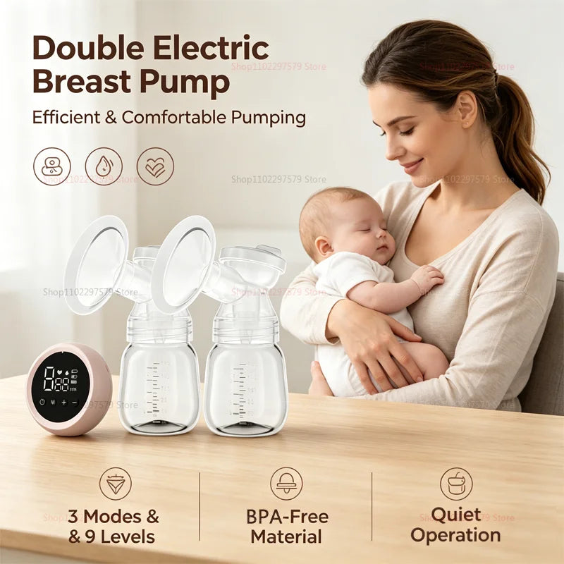 Portable USB Double Electric Breast Pump BPA Free 3 Modes 9 Suction Levels LED Display for Nursing Moms Easy Baby Feeding Gifts
