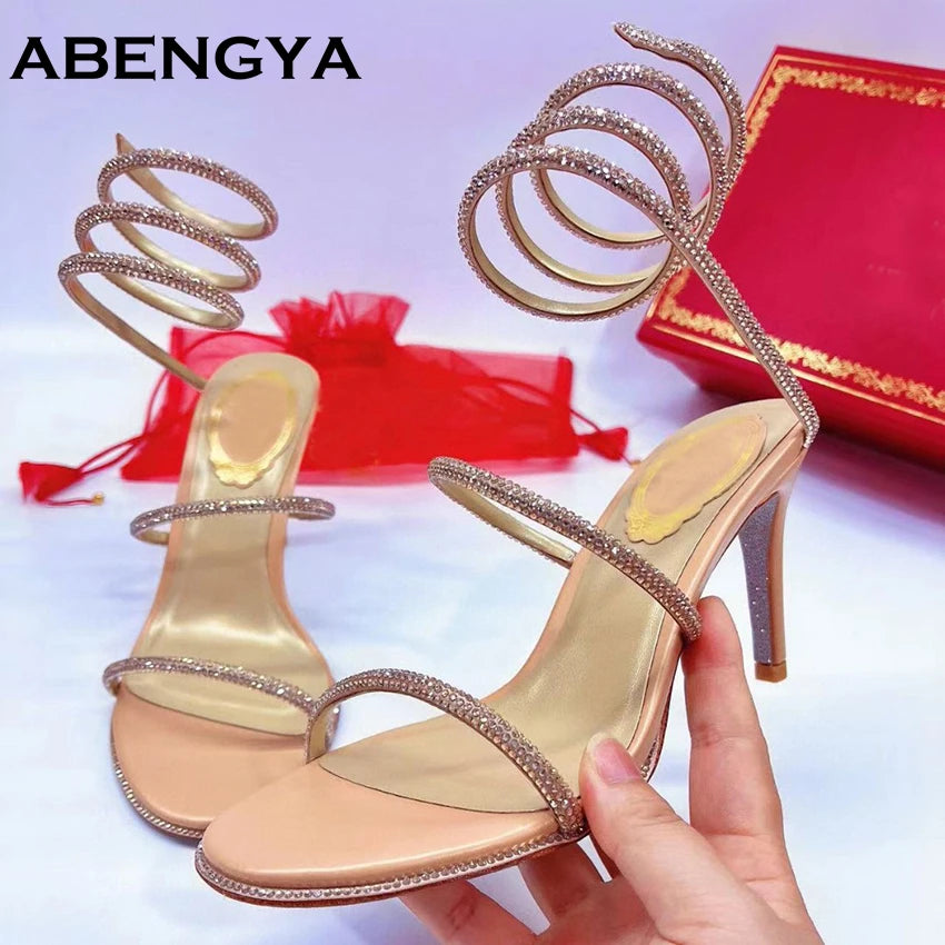 Luxury Crystal Chunky Heels Gladiator Sandals Women Sliver Leather Slingback High Heel Party Shoes Open Toe Women's Sandalias