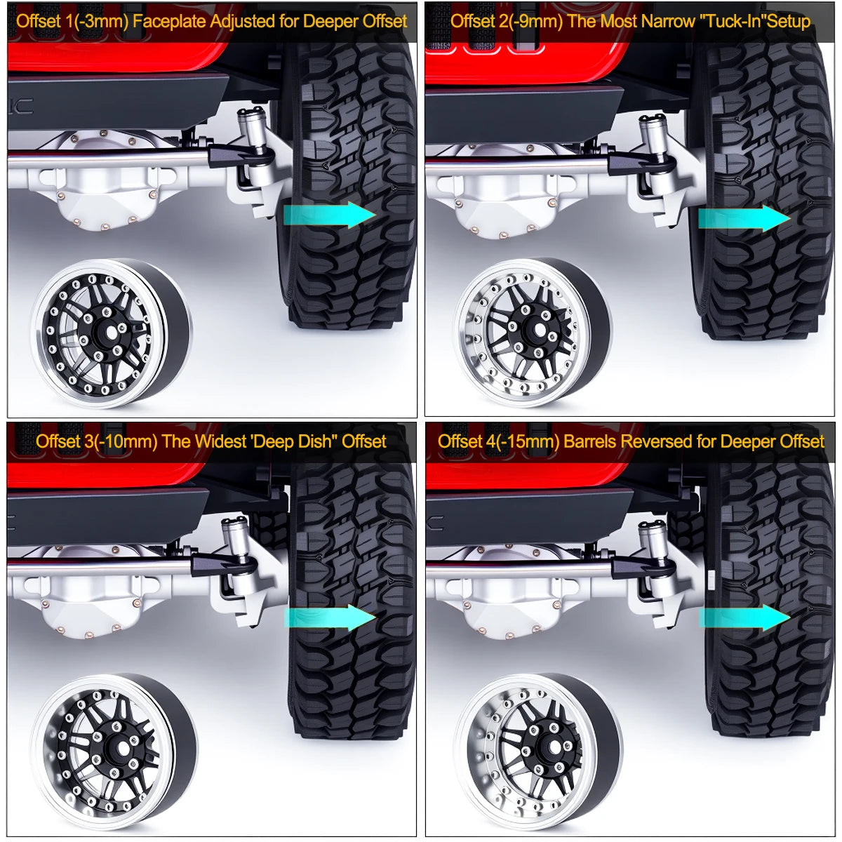 4Pcs 1.9 Aluminum Beadlock Wheel Rims Adjustable Offset 12mm Hex for 1/10 RC Crawler Car TRX4 TRX6 SCX10 90046 GEN7 8 D90 Parts