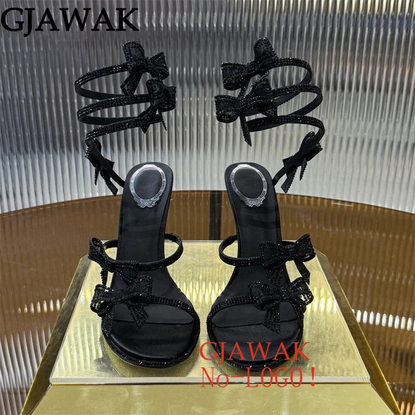 Summer Crystal Bowknot High Heels Sandals Woman Twine Around Ankle Snake Wedding Shoes For Woman Runway Gladiator Sandals Women