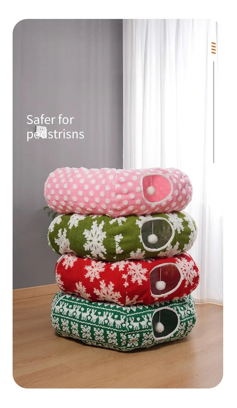 Round Donut Cat Beds Christmas House Soft Plush Pet Mat for Puppy Cushion for Cats To Hide 2 in 1 Tunnel Cats Sleeping Sofa Noel