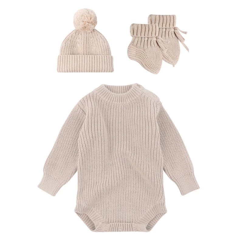 Cosy Infant Knitwear Soft & Comfortable Baby Jumpsuit Set with Matching Bonnet Hat and Booties Socks for Daily Comfort