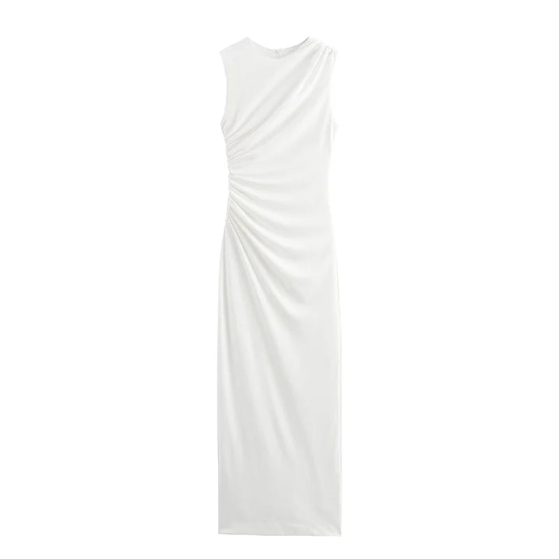 Autumn O-Neck Sleeveless Mesh Pleated Midi Dress Women Back Zipper Decoration Slim Vest Dress Female Sexy Elegant Wear 2025 New