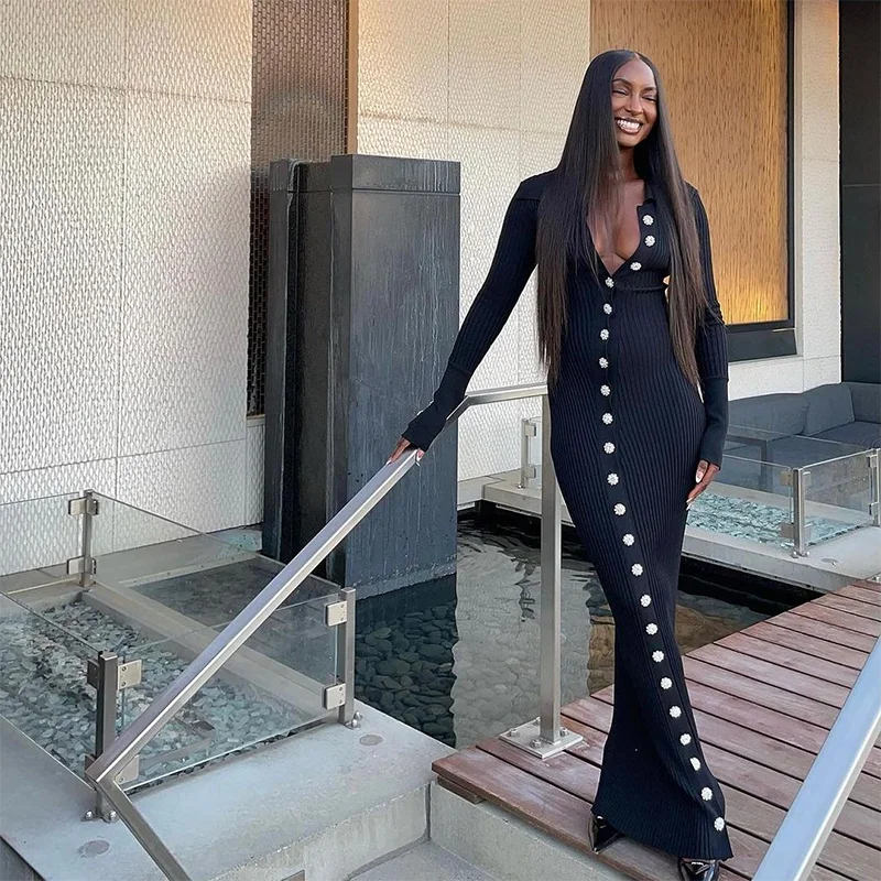 Sexy Knitted Fur Long Party Dress Women Solid Patchwork Full Sleeve V-neck Single Breasted Slim Dresses 2025 Fashion Evening Rob