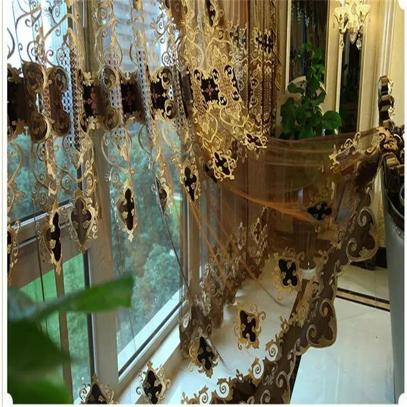 Embroidered Chenille Velvet Curtains for Living Room Bedroom European Modern Brown Gold Sheer Tulle Windows Backdrop Valance