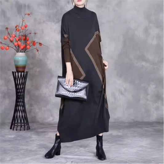 Johnature 2025 Woman Autumn New Fashion Mock Neck Loose Long Sleeves Dress Chinese Style Contrast Batwing Sleeve Casual Dress
