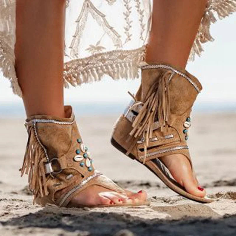 Fashion new style Retro Women Fringe Flower Wedges Shoes 2024 Solid Flock Beach Casual Sandals Women Summer Flip Flop Sandals