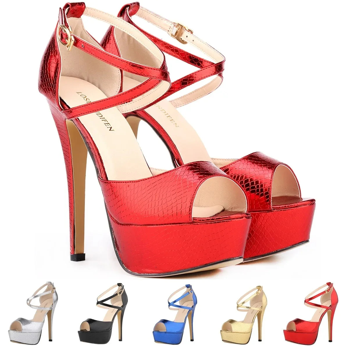 Women Sandals Stilettos Summer Sexy Peep Toe Leather Buckle Platform Pumps 14cm Extremely High Heels Party Dress Wedding Shoes