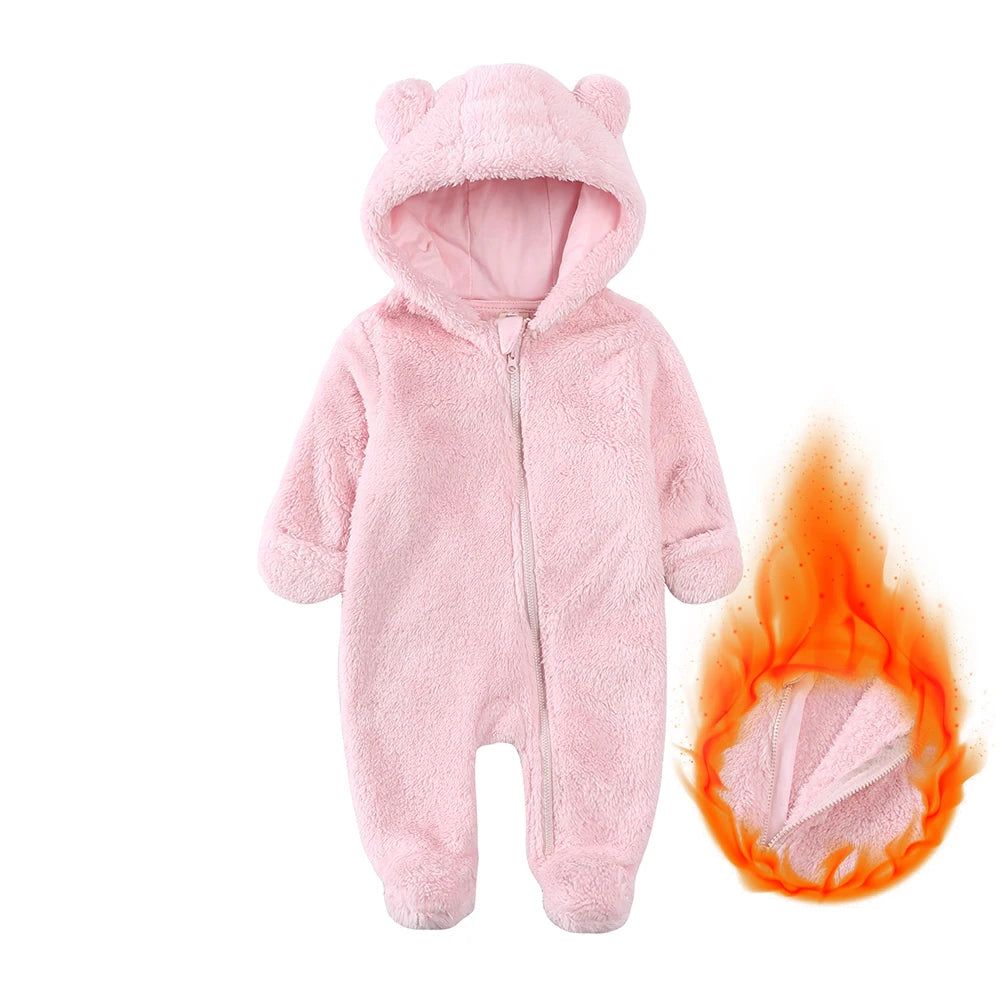 2026 Winter Baby Rompers Infant Fleece Bear Hooded Onesies Newborn Baby Boy Girl Zipper Jumpsuit Bodysuit Pyjamas