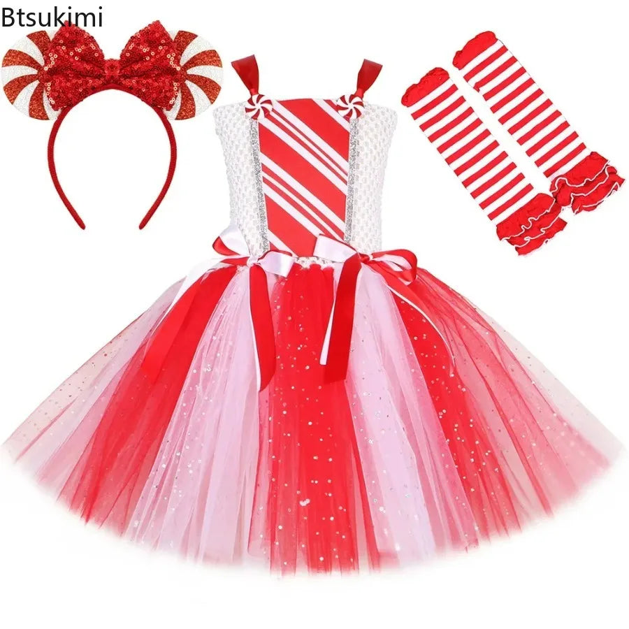 Sparkly Christmas Candy Costumes for Girls White Red Xmas Party Dresses with Bow Socks Kids New Year Tutu Outfit Holiday Clothes