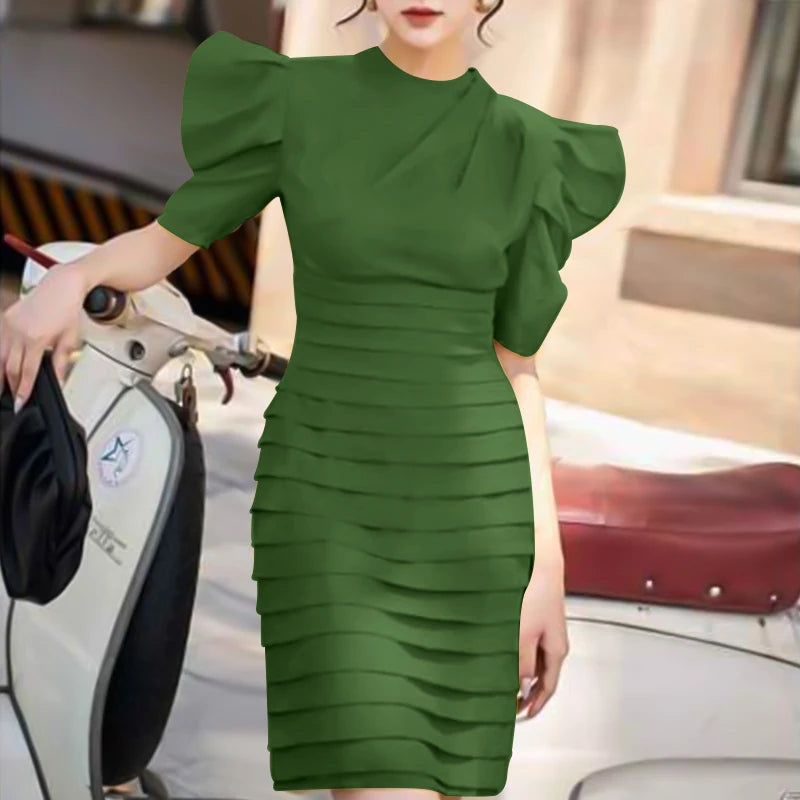 ZANZEA Women Chic Pleated Wrap Dress 2024 Summer Elegant Puff Short Sleeve Party Dress Vintage Cocktail Dress Sexy Slim Vestidos