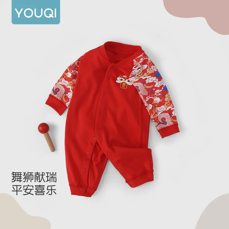 【Youqi】Chinese Baby Romper Autumn Style Full-Month Baby Red New Year Pure Cotton Jumpsuit Festive Hundred-Day Birthday Outfit