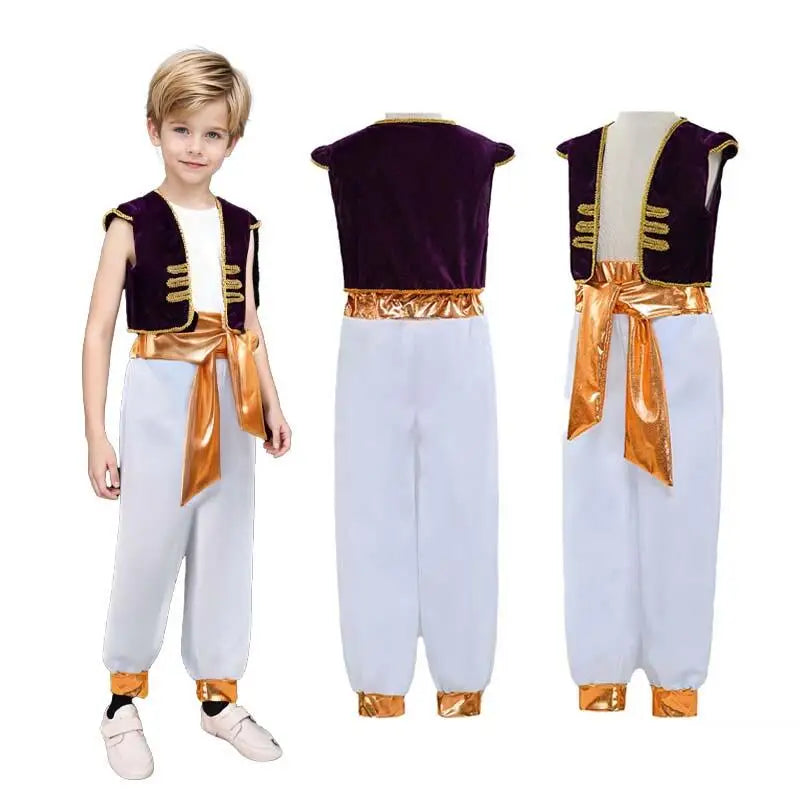 Boys  Arabian Prince Costumes Suit Halloween Party Stage Performance Outfits Kids Vest Pants Belt Street Wear Clothes