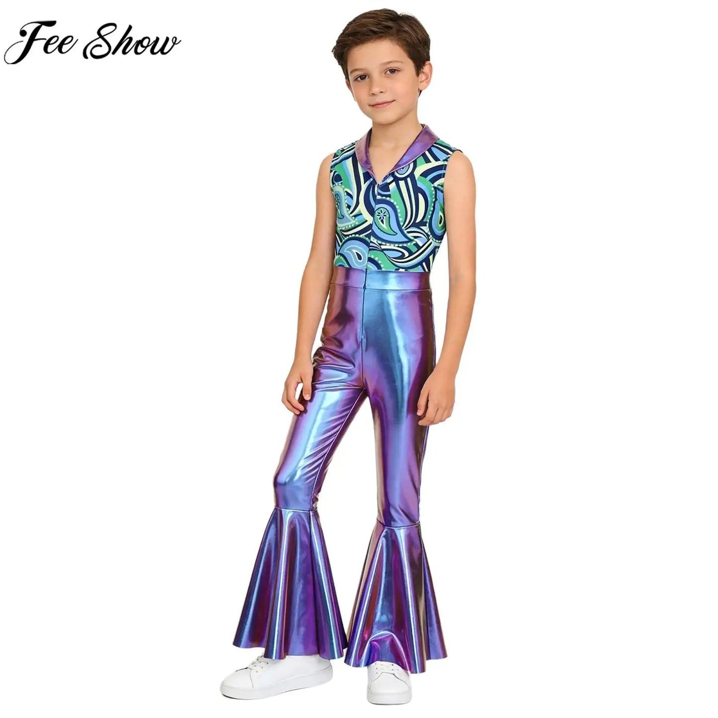Children Boys 70-80s Disco Hippie Cowboy Costume Metallic Shiny Zipper Bell-bottom Jumpsuit for Halloween Carnival Cosplay Party