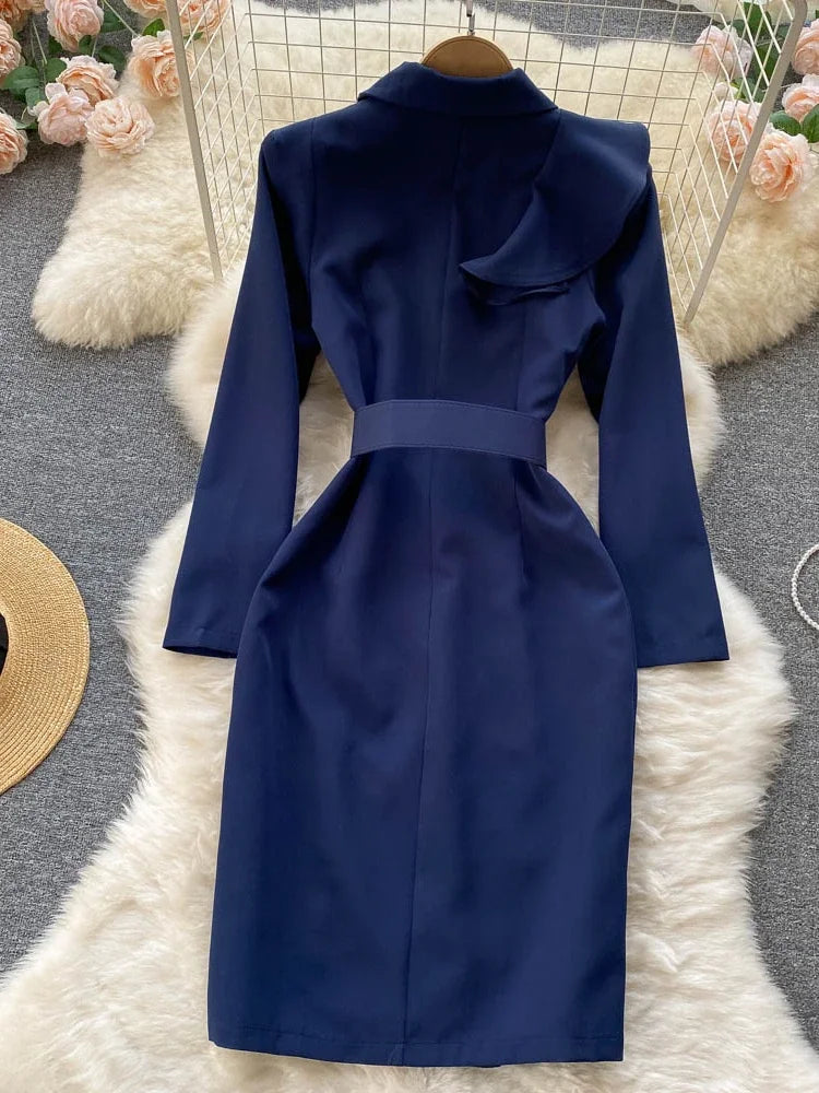 Women Elegant Office Dress Spring Autumn Long Sleeve Fashion Slim with Belt Midi Dresses Vintage Ladies Blazer Dress Vestidos