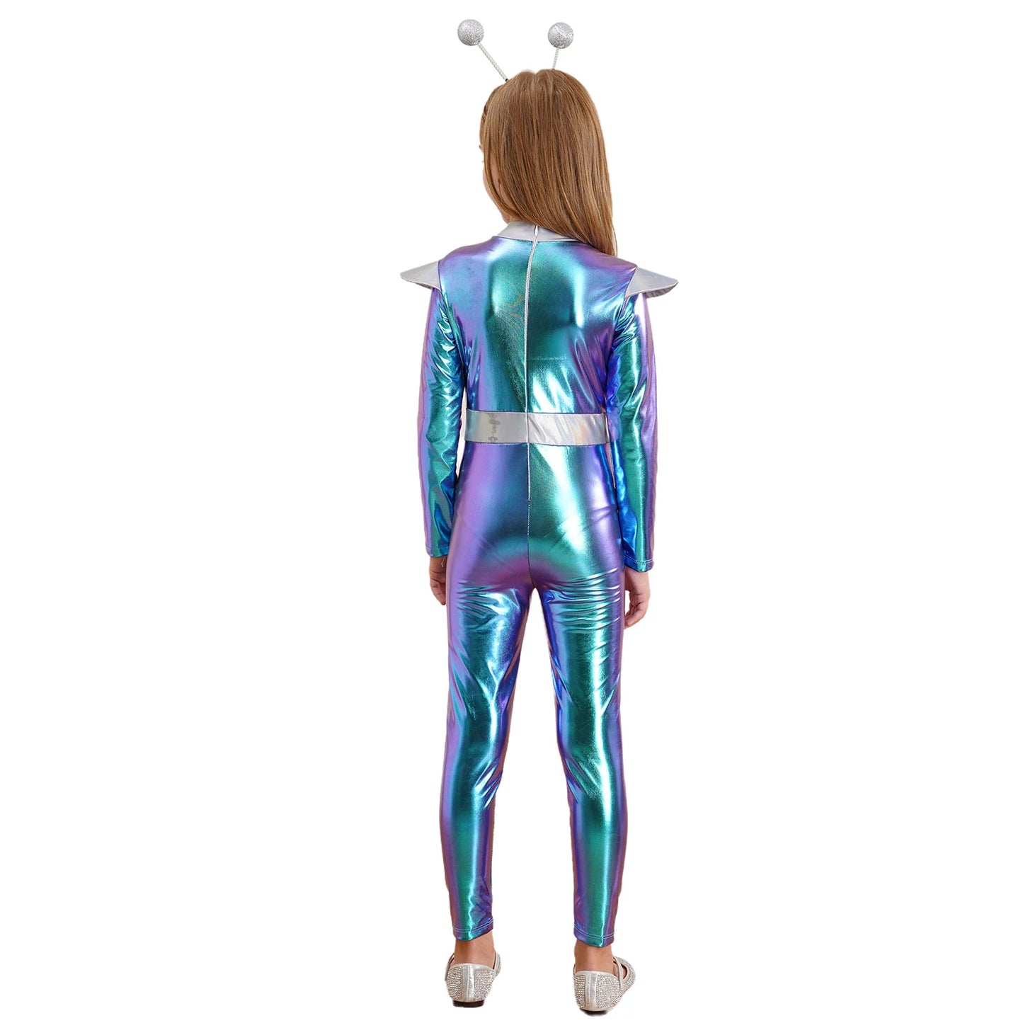 Kids Boys Girls Halloween Carnival Alien Cosplay Performance Costume Long Sleeve Metallic Shiny Space Jumpsuit with Hair Hoop
