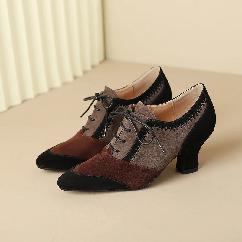 2025 New Spring Autumn Retro Mature Women Pumps Office Ladies High-heeled Lace-Up Genuine Leather Suede Shoes Woman High Quality