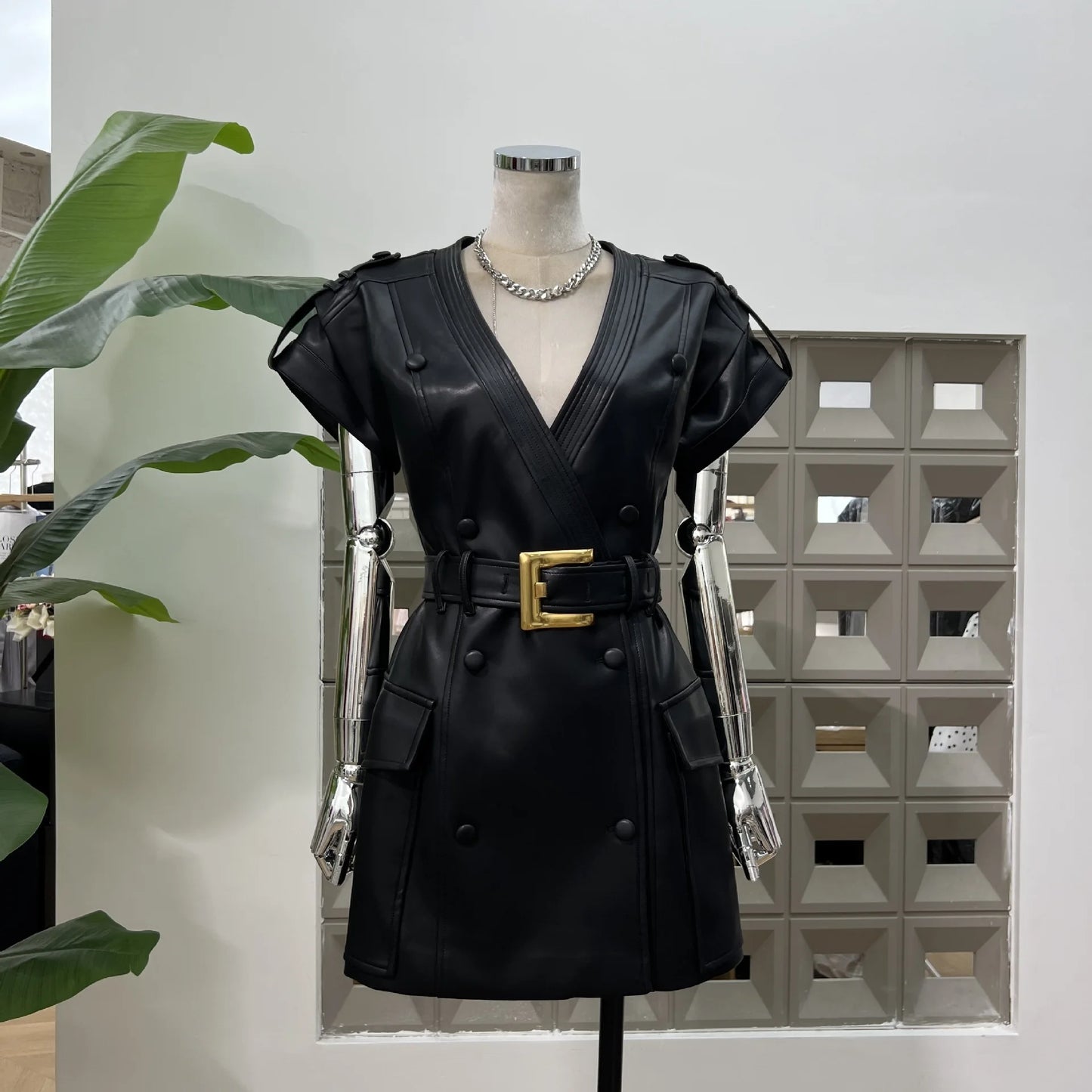 DFDG 2025 Women’s V-Neck Wide Shoulder Overlap Placket Double Breasted PU Leather Bodycon Dress Unique Design Cocktail Dress