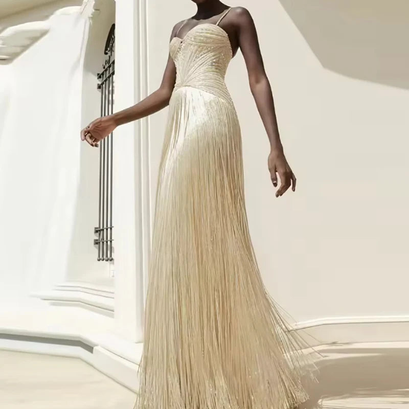 New 2026 Women's Banquet President Dress Fashion Sequin Tassel Slim Cocktail Dress Elegant Temperament Off Shoulder Strap Dress