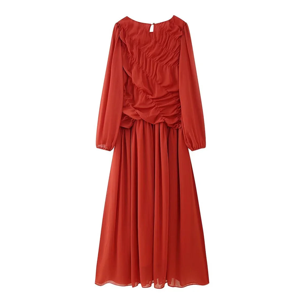 women's long sleeved mesh pleated loose casual dress summer new product solid color temperament long skirt