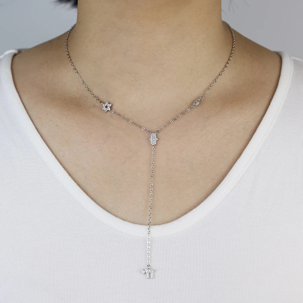 Lucky Cute CZ Star Eye Hand Chai Charm Lariat Y Necklace Amulet Judaism Sign of Life Gold Color Women Jewelry