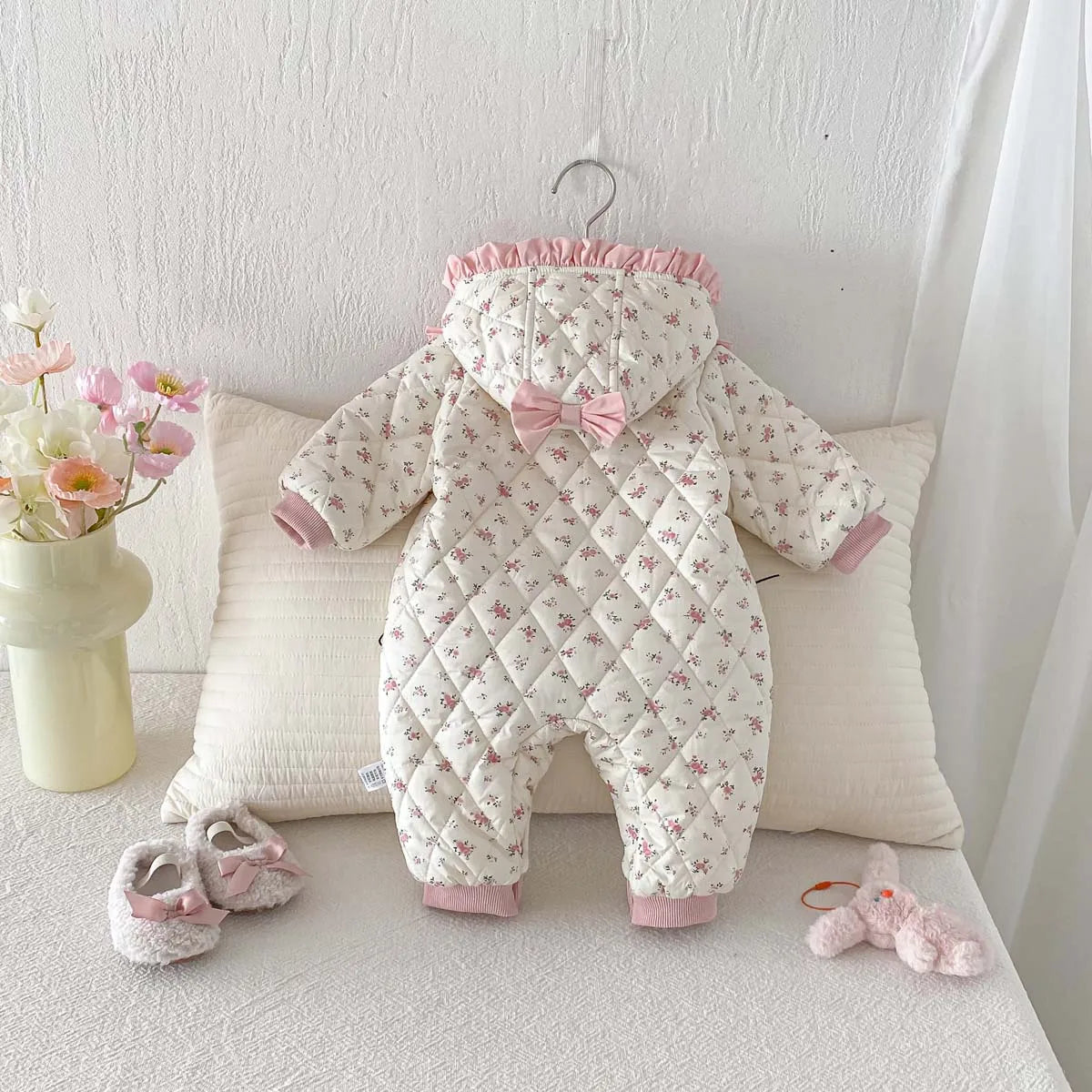 Baby Girl Winter Sweet and Cute Floral Cotton Padded Hooded Jumpsuit, Baby Girl Warm and Comfortable Long Sleeve Cotton Padded Jumpsuit
