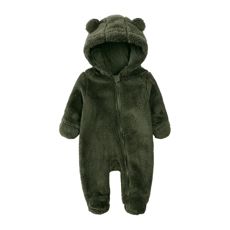 2025 Warm Footed Baby Romper Zipper Closure Fall Newborn Bear Ear Hooded Fuzzy Onesie Outfit Infant Boys Girls 100 Days Jumpsuit