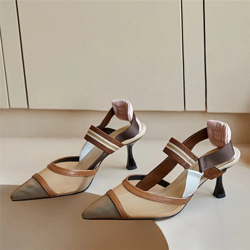 Aucegi Pointy Toe Thin High Heel Slingback Sandals Women Brand Design Elegant Genuine Leather Splicing Mesh Party Dress Shoes