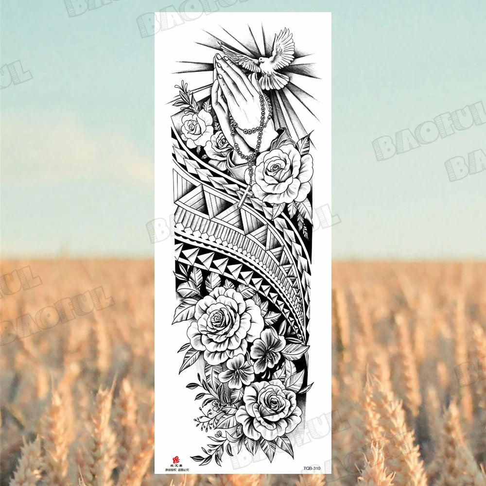 BAOFUL Full Arm Sleeve Temporary Tattoos For Women Men Realistic Wolf Lion Warrior Maori Fake Tattoo Stickers Thigh Leg Tatoos
