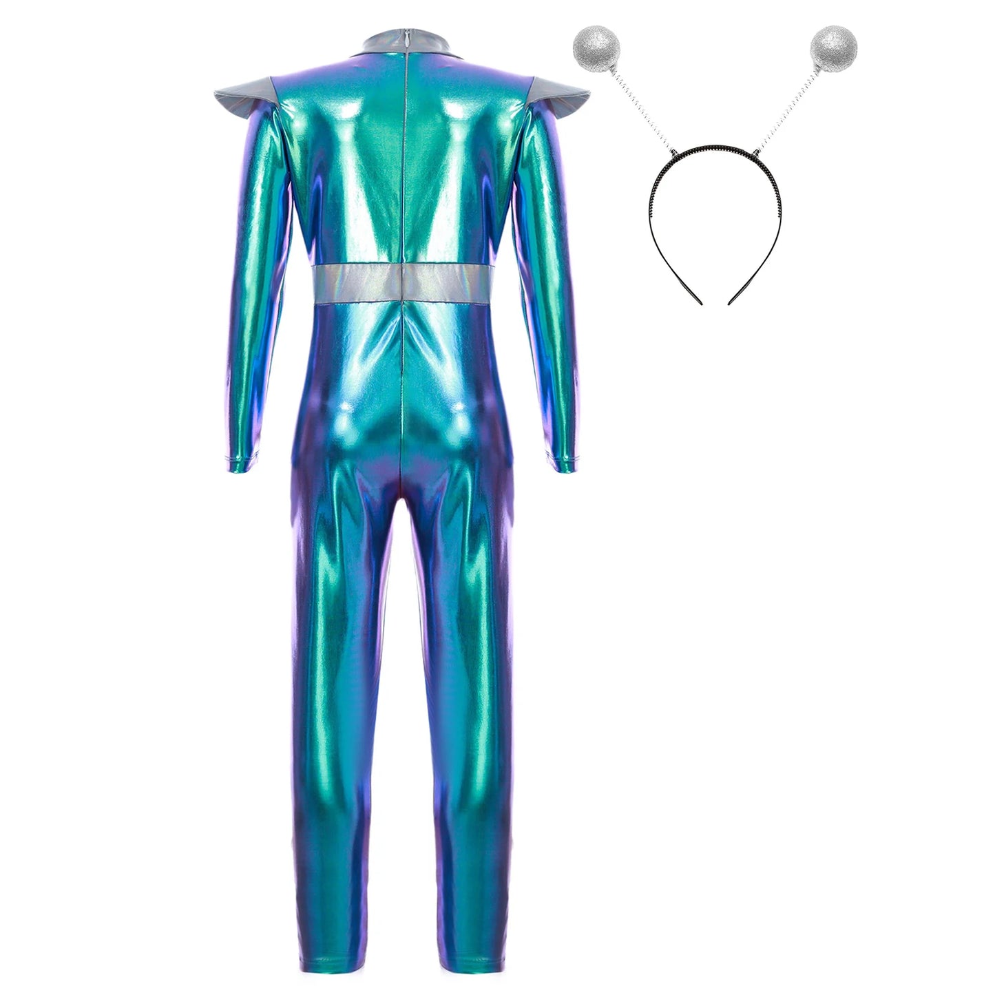 Kids Boys Girls Halloween Carnival Alien Cosplay Performance Costume Long Sleeve Metallic Shiny Space Jumpsuit with Hair Hoop