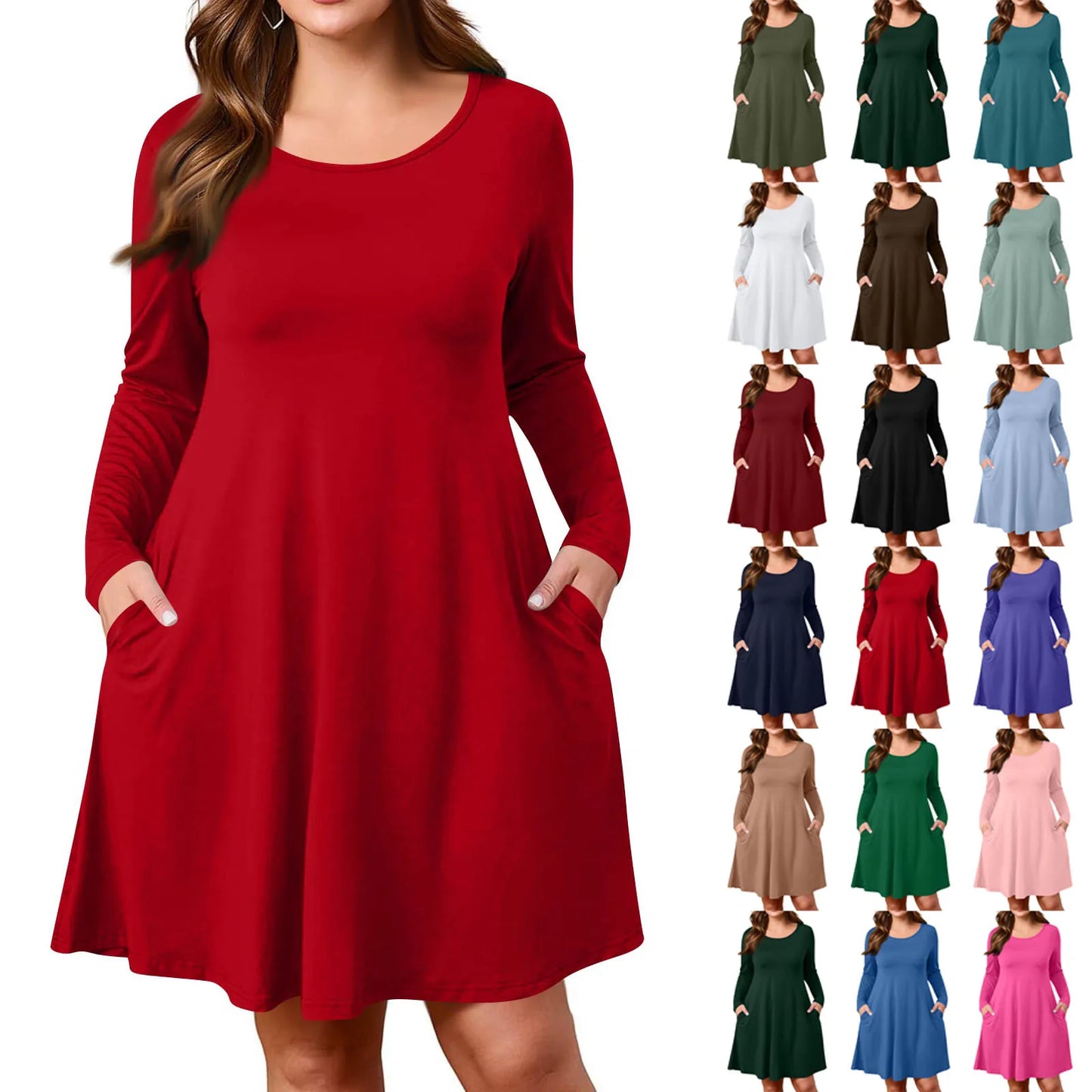 Plus Size Dress for Women Solid-Colour Casual Dress Spring/Autumn Pocket Round Neck Long-Sleeved Dresses vestidos femenino