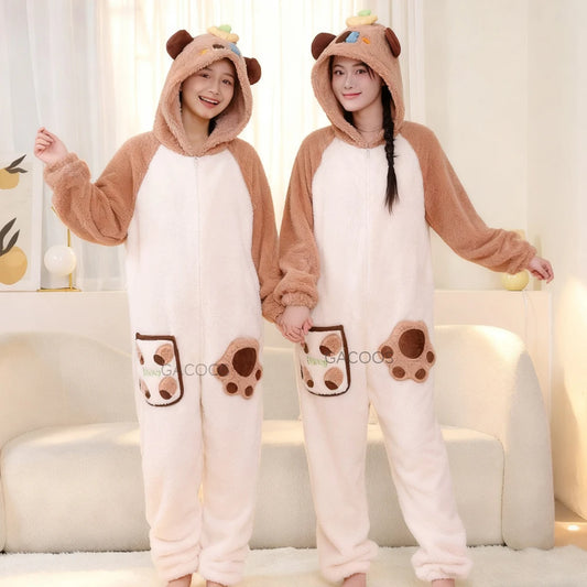 New Children Kigurumi Onesie Boys Girls Flannel Sleepwear Unisex Cypabara Cartoon Pajamas Winter Warm Flannel Hooded Jumspuits
